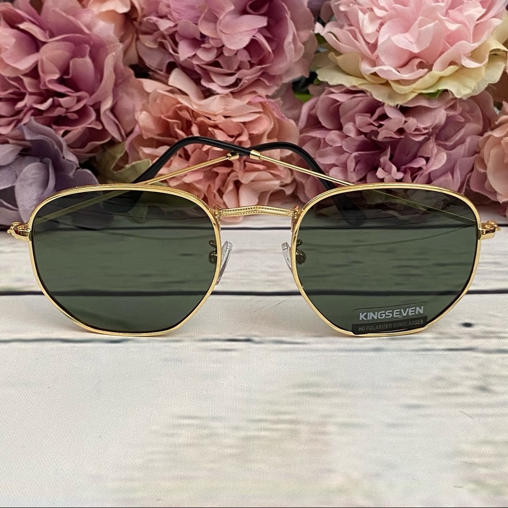 KINGSEVEN Retro Hexagon Green & Gold Polarized Sunglasses - Picture 7 of 16